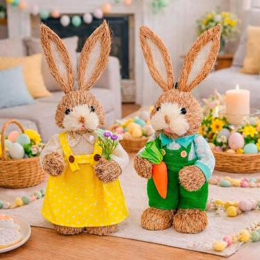 Imagem de Casal Coelhinho Coelho Enfeite Palha Decoração Páscoa 33cm