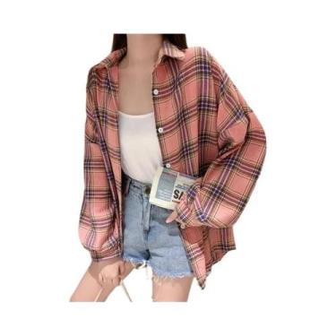 Imagem de Camisa Jaqueta Xadrez Tartan Oversized Feminina Manga Longa Com Botões