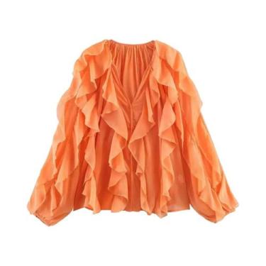 Imagem de Blusa Feminina Casual De Primavera Com Babados, Decote Em V, Renda E R