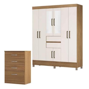 Imagem de Cômoda Astral e Guarda Roupa Casal Munique Amêndola Off White com Espelho - Demóbile