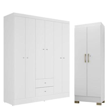 Imagem de Guarda Roupa Solteiro Versa 6 Portas Branco Rosa Flex Fosco com Armário Multiuso Luna Branco Fosco - Kits Paraná