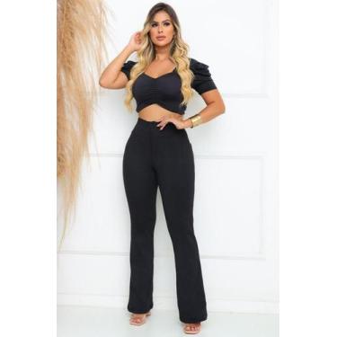 Imagem de Calça Flare Feminina Social Cintura Alta Com Zíper Jacquard Linho E El