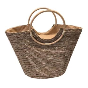 Imagem de Bolsa Grande Cesta Alça Madeira Artesanal Praia Piscina Palha Escura -