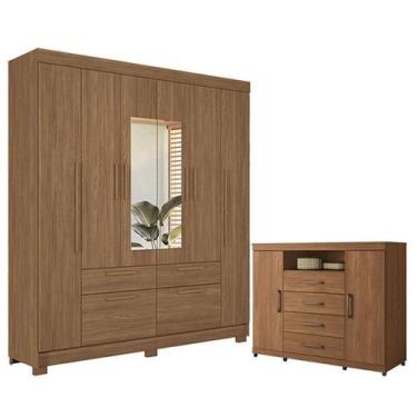 Imagem de Guarda Roupa Casal Guarapuava 6 Portas com Espelho e Cômoda Havana com