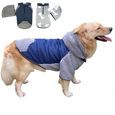 Imagem de Foern Jaqueta para cachorro com capuz, casaco jeans quente com tiras refletoras, botão de pano e zíper para coleira, roupas xadrez para cães pequenos, médios e grandes, azul, GG: 65 cm/25,6 pol