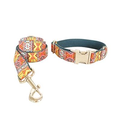 Imagem de Foern Conjunto de coleira e coleira de cachorro com padrão colorido com controle deslizante ajustável, conjunto de coleira para cachorro com fivela de liberação rápida para cães pequenos, médios grandes, laranja, G