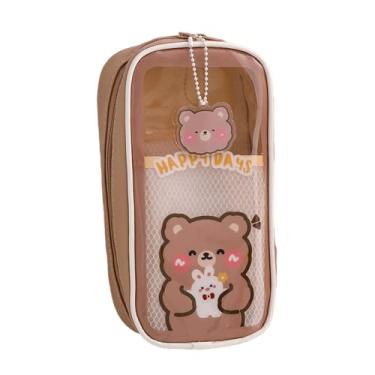 Imagem de Estojo de lápis Kawaii bolsa transparente com pingente de pinos urso estético fofo coelho filhote de cachorro japonês desenho de papelaria bolsa de materiais (urso marrom)