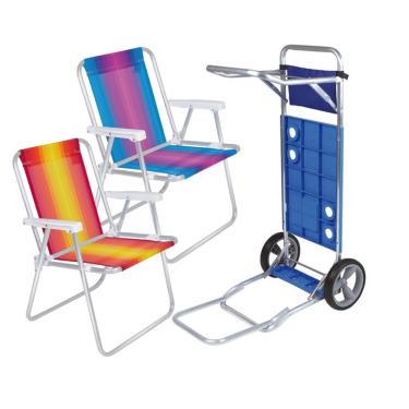 Imagem de Kit Praia 2 Cadeira Alta Alumínio Listrada Carrinho Com Avanço Para Caixa Térmica - Mor