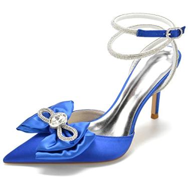 Imagem de Sapatos femininos de noiva com nó de strass salto de casamento vestido de festa sapatos estilosos 8,5 cm, Azul, 7.5