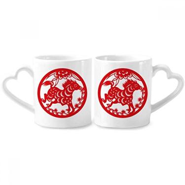 Imagem de Conjunto de canecas de porcelana para casal, cavalo, corte de papel, animais, chinês, zodíaco, arte de casal, xícara de cerâmica para amantes,