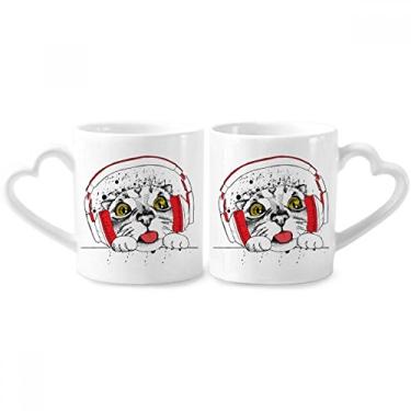 Imagem de Fone de ouvido vermelho branco gato proteger animal amante de estimação casal caneca porcelana conjunto cerâmica copo amante coração alça