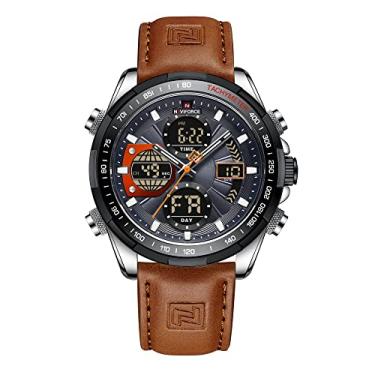 Imagem de NAVIFORCE Relógio de pulso masculino militar digital analógico de quartzo à prova d'água esportivo multifuncional de couro, Prata + cinza, Digital