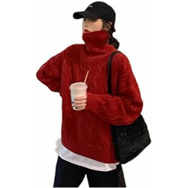Imagem de Blusas Femininas Com Gola Tartaruga Blusas Femininas Com Decote Polo Manga Longa Gola Alta Pulôver Tricô Estilo Cardigã Suéter,Vermelho,Um Tamanho,Hilarious123