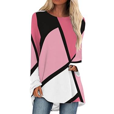 Imagem de Camiseta longa grande para mulheres com estampa colorida em bloco, gola redonda, túnica para usar com leggings Primavera Camiseta Blusa feminina curto Top Patchwork colorido H80-Rosa X-Large