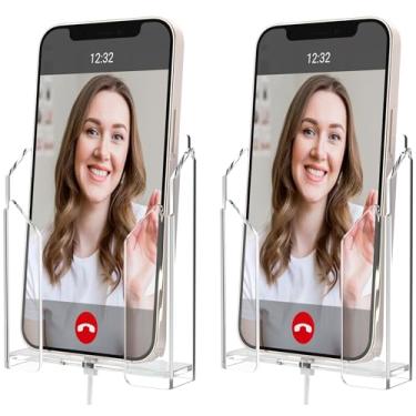 Imagem de Crpich Suporte de telefone montado na parede, suporte de telefone acrílico com fitas transparentes 3M, suporte de telefone transparente com orifício de carregamento reservado, compatível com iPhone e