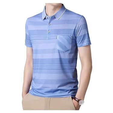Imagem de Camisa polo masculina de cor sólida manga curta gola lapela fina listrada camiseta de negócios, Azul claro, M