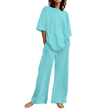 Imagem de Roupas femininas da moda de verão 2023 para mulheres, conjunto de 2 peças de linho roxo, blusas fofas, calças compridas, capri soltas, roupas casuais, Fa2-azul celeste, 5X-Large
