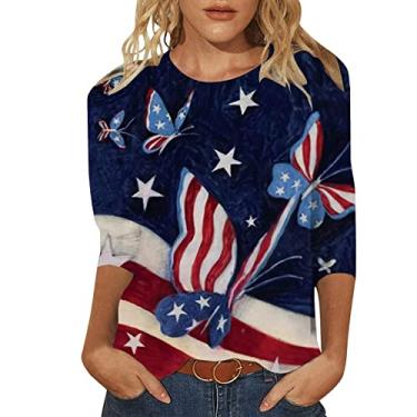 Imagem de Camiseta feminina com bandeira americana, casual, manga 3/4, dia da independência, listras, estrela, vermelho, branco, azul, túnica, B, M
