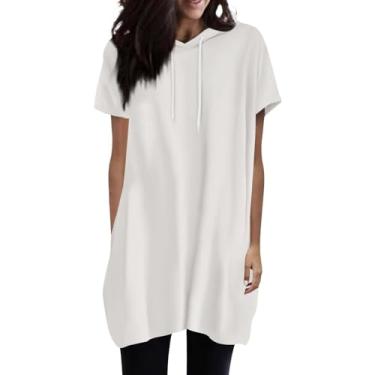 Imagem de 2024 Camisetas femininas de manga curta cor sólida com cordão básico verão casual blusas soltas túnicas com bolsos, Branco, GG
