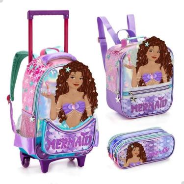Imagem de Kit Mochila Rodinha Lancheira Estojo Escolar Sereia Morena