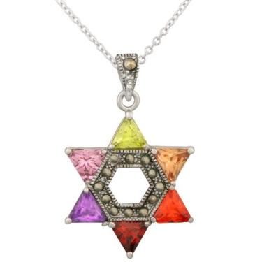 Imagem de JanKuo Jewelry Colar com pingente de estrela judaica de Davi banhado a ródio, multicolorido, 40,6 cm + extensor de 5 cm, Zircônia cúbica Marcassita