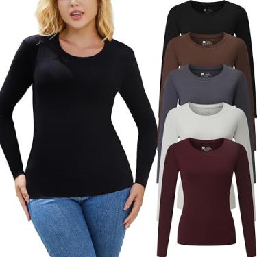 Imagem de Vomidia Camiseta feminina de 5 peças com nervuras de manga comprida, caimento justo, gola redonda, colado ao corpo, tops para sair, 5 peças: preto/branco/café/vermelho/cinza, GG