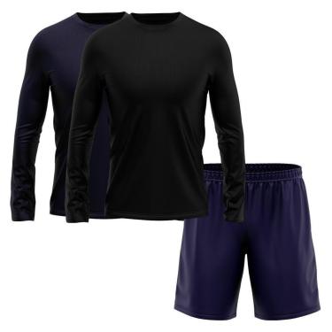 Imagem de Kit Short Azul Marinho + 2 Camisetas Masculina Manga Longa Segunda Pele Esporte Treino-Masculino
