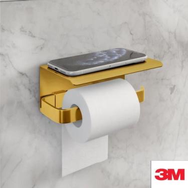 Imagem de Porta Papel Higiênico Suporte Para Celula Dourado Fixação Adesiva 3M -