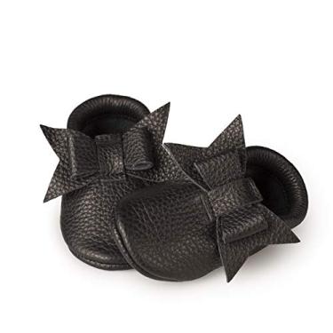 Imagem de Littlebeemocs Mocassins para bebês meninas com laço (couro italiano) sola macia para meninas | Berço, bebês, bebês, recém-nascidos, caminhadas, Preto, 8.5 Infant