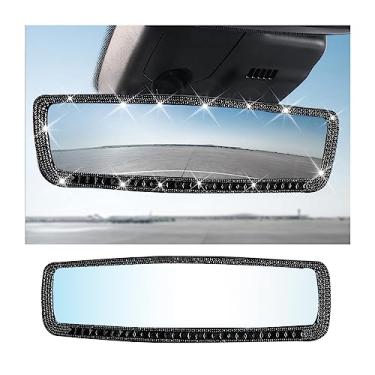 Imagem de AUCELI Espelho retrovisor de carro, espelho retrovisor interno com strass brilhante com vidro HD, espelho retrovisor de clipe grande angular com diamante de cristal brilhante, acessórios de decoração de carro para mulheres (preto)