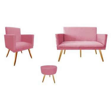 Imagem de Kit Namoradeira + 1 Poltrona Decorativa Nina + Puff Redondo Suede Rosa