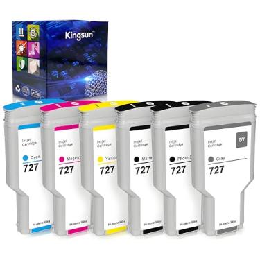 Imagem de KSUMEI Cartucho de tinta 727 300 ml HP 727 C1Q12A F9J76A F9J77A F9J78A F9J79A F9J80A compatível com impressoras DesignJet T920 T930 T1500 T1530 T2500 T2530 (Pacote com 6, PBK, MBK, GY, CY, MG, YL)