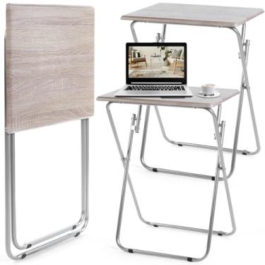 Imagem de Geetery 2 mesas dobráveis para TV, sem necessidade de montagem, 48 x 38 x 66 cm, mesa de jantar dobrável para cama, sofá, sala de estar, quarto (marrom claro)