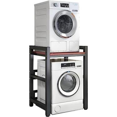 Imagem de Kit de empilhamento com suporte ajustável, lavadora e secadora de carga frontal – Rack portátil com capacidade de 400 kg – Unidade de armazenamento sobre lavadora para lavanderia, moldura preta + teca