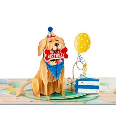 Imagem de POPWOW Cartão pop-up de aniversário de cachorro, engraçado, fofo, adorável Golden Retriever com osso, balão amarelo, vela de bolo, cartão de felicitações 3D, presentes ideais para amante de cães, criança, mãe, pai, avó, vovô, esposa, 12,7 x 17,78 cm