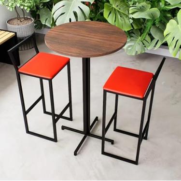 Imagem de Conjunto Mesa Alta Bar Bistrô Redonda Imbuia 2 Banquetas Confort Estofado Industrial Black (Vermelho)