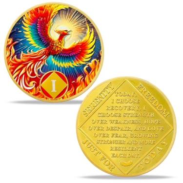 Imagem de Presentes de moeda de sobriedade de 1 ano | New Radiance Phoenix NA Coin - Medalhão HA AA Chip NA com Oração de Serenidade | Presentes de Narcóticos Alcoólicos Anônimos para Homens Mulheres
