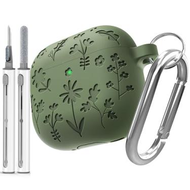 Imagem de DamonLight Capa Flora gravada para AirPods 4 com cancelamento ativo de ruído, capa protetora de silicone macio à prova de choque com caneta de limpeza e chaveiro para Apple Airpods 4ª geração (Olive)
