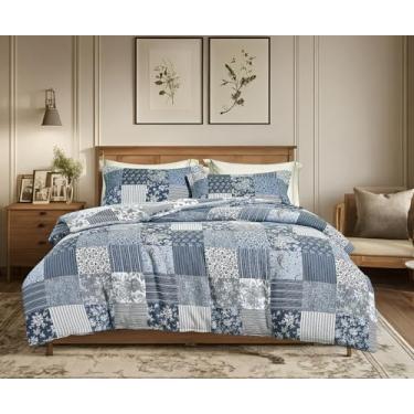 Imagem de SLEEPBELLA Conjunto de edredom de musselina de camada dupla lavada, 100% algodão, tamanho king, boêmio, patchwork, fofo, grosso, macio, respirável (1 edredom, 2 fronhas)