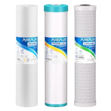 Imagem de PUREPLUS Kit combo de cartucho de filtro de água de 3 estágios de 11,4 cm x 50,8 cm com sedimento, KDF e carvão ativado granular e filtro de bloco de carvão ativado - kit de substituição de filtragem