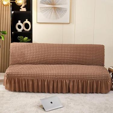 Imagem de Capa de futon sem braços com saia de babados, sofá-cama futon altamente elástica(Brown,Medium (150-190cm))