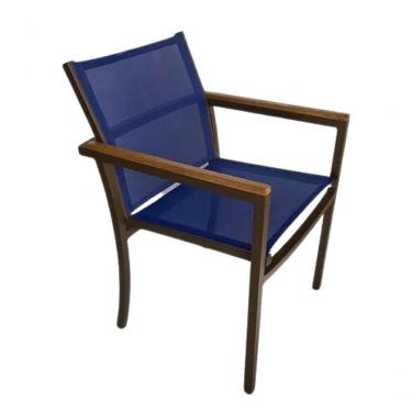 Imagem de Poltrona Cadeira De Jantar Amélia Tela Sling E Alumínio Com Braço Detalhe Madeira Azul
