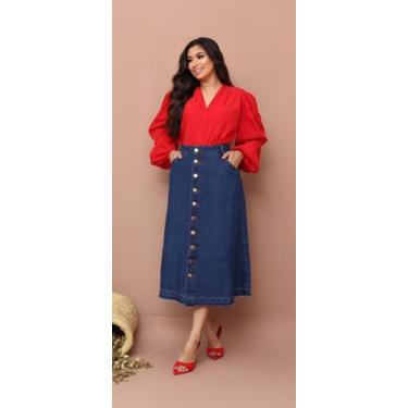 Imagem de Saia Jeans Cristã Cintura Alta Azul Escuro Com Botões e Bolsos Moda Fe
