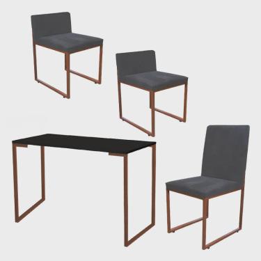Imagem de Kit Mesa Escrivaninha com Cadeira Stan e 2 Poltronas Lee Tampo Preto Ferro Bronze Tecido Sintético Cinza - Ahz Móveis