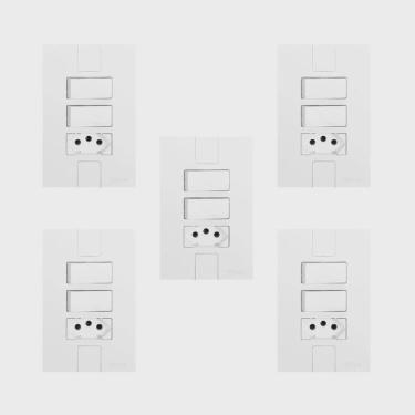 Imagem de Conjunto de 5 Interruptores de 2 Teclas Simples e Tomada 2p + t 20A, Modular, com Placa 4x2 Branco