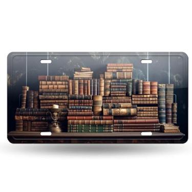 Imagem de Bookshelf Bookworm Capa de matrícula criativa antiga - Etiqueta artística de alumínio para carro, à prova de ferrugem, design exclusivo - 15 x 30 cm