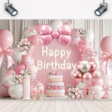 Imagem de LIGHTINHOME Feliz aniversário menina pano de fundo 17x13 metros rosa laço aniversário balões bolo arco moderno preppy para princesa crianças fotografia fundo banner tecido poliéster sessão de fotos