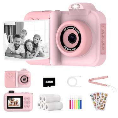 Imagem de Câmera infantil com impressão instantânea, câmera digital infantil 1080p HD com lente dupla, câmera de impressão instantânea com 5 rolos de papel e cartão de 32 GB, presente de aniversário de Natal