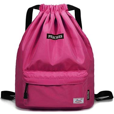 Imagem de Peicees Mochila esportiva leve com cordão impermeável para homens e mulheres (rosa vermelha)