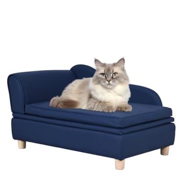 Imagem de Yoonnie room Sofá e cadeira de couro PU para cães com armazenamento - Sofá de gato com moldura de madeira com almofada, sofá de cama de animal de estimação pequeno para filhotes e gatos (azul)